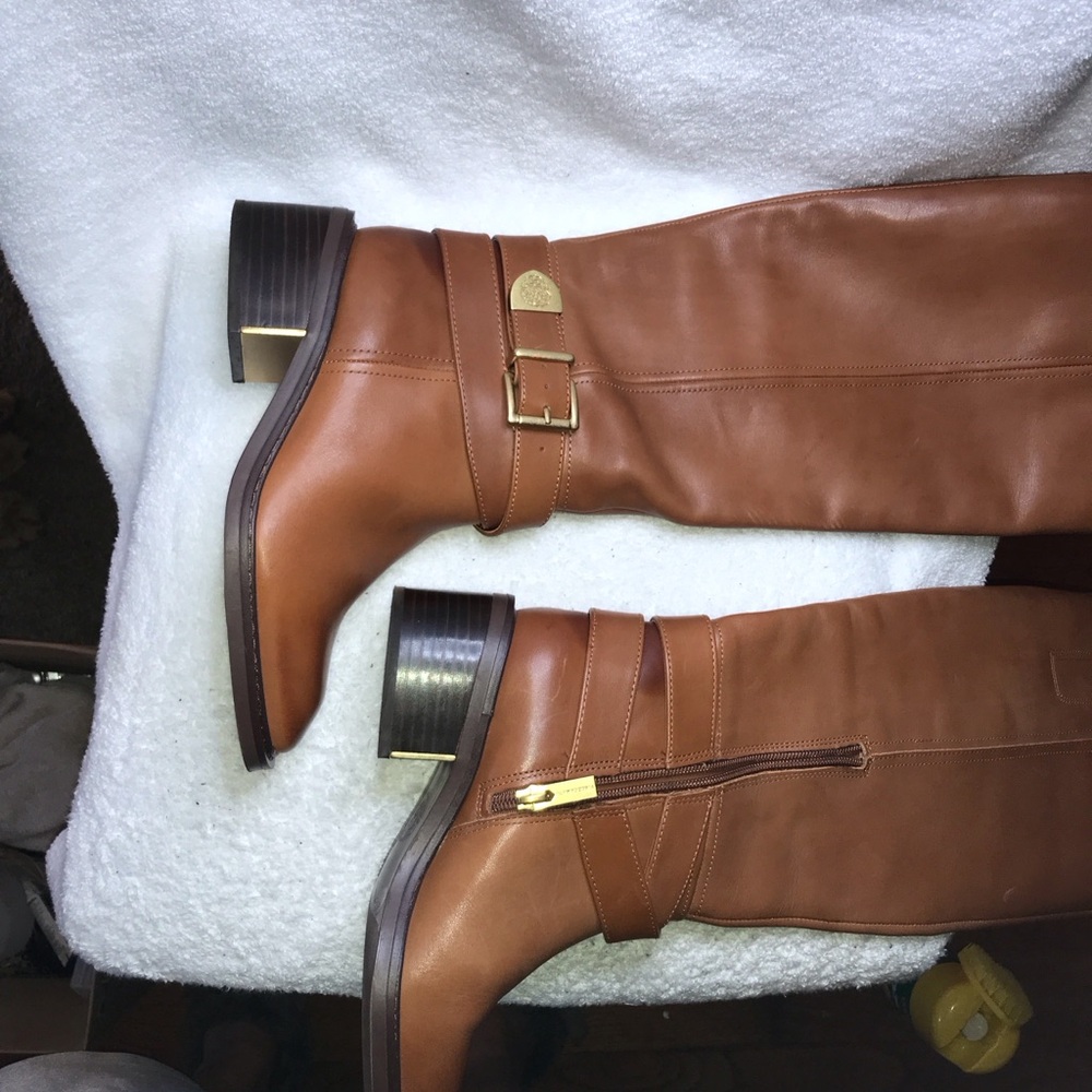 Vince Camuto Cognac Brown Leather Ankle Boots with Side Buckle